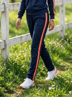 EUC Champion Women’s Navy Blue Coral Stripe on Legs Track Pants - Size Small